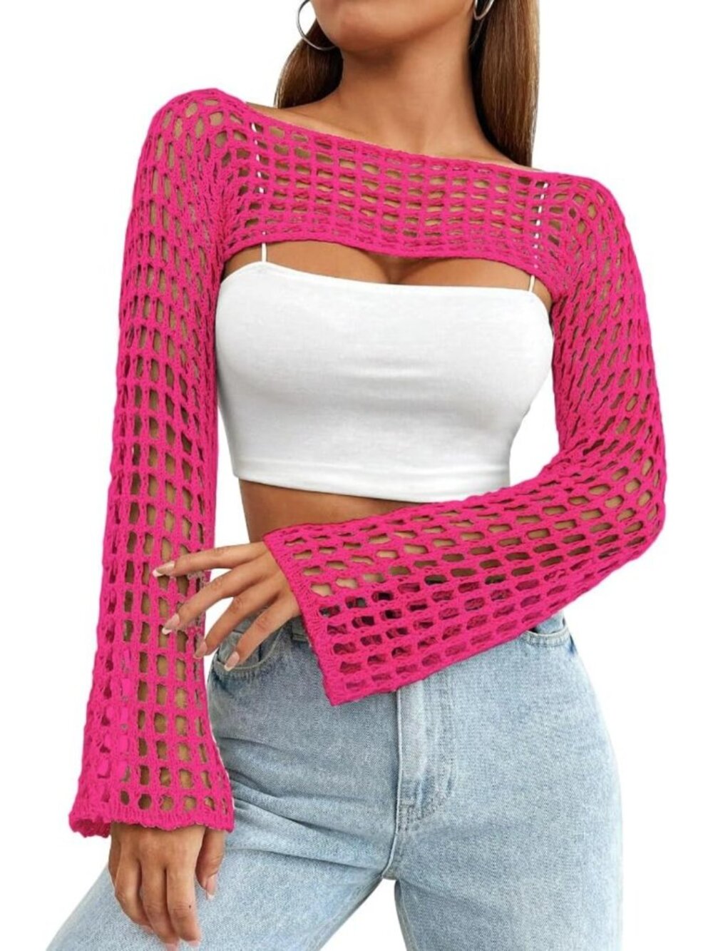 Chic Women's Crochet Bolero Shrug - Y2K Hollow Out See-Through Knit Sweater Top